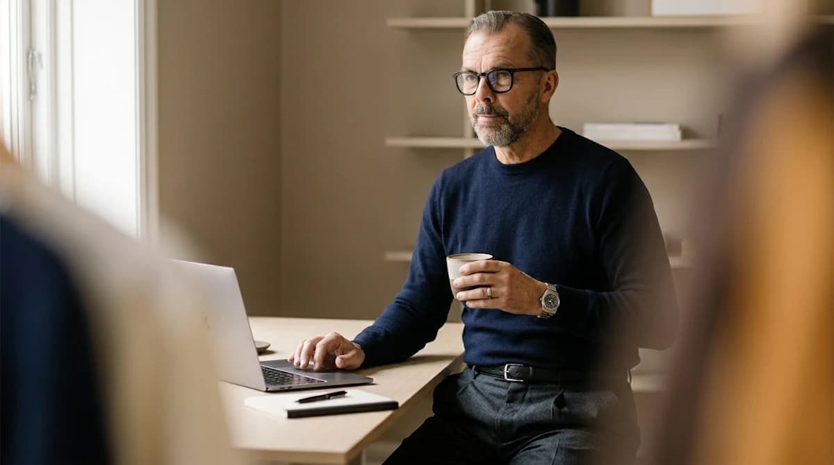 Man with glasses holding a cup while working at a laptop