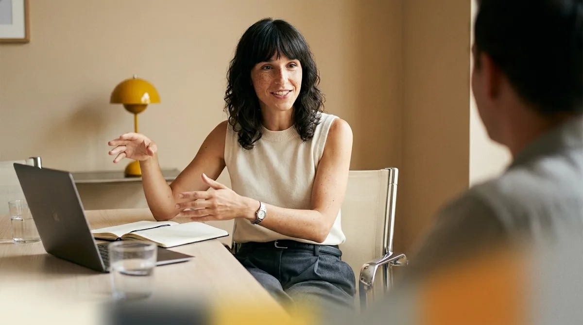 Woman discussing her work across a desk with a laptop and notebook