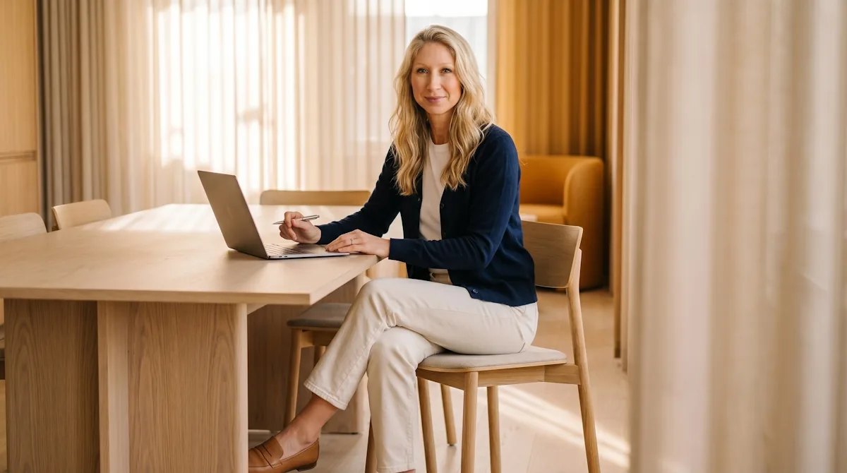 Woman with a laptop at a sunlit wooden table