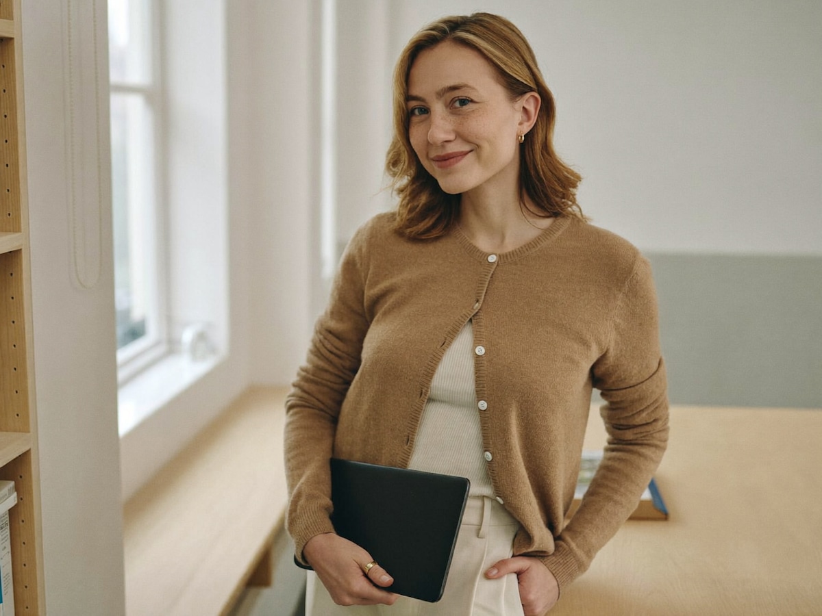 A woman in a tan cardigan holding a laptop beside a wooden table