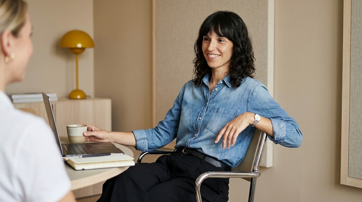 A woman in a denim shirt seated beside a laptop with a cup in her hand