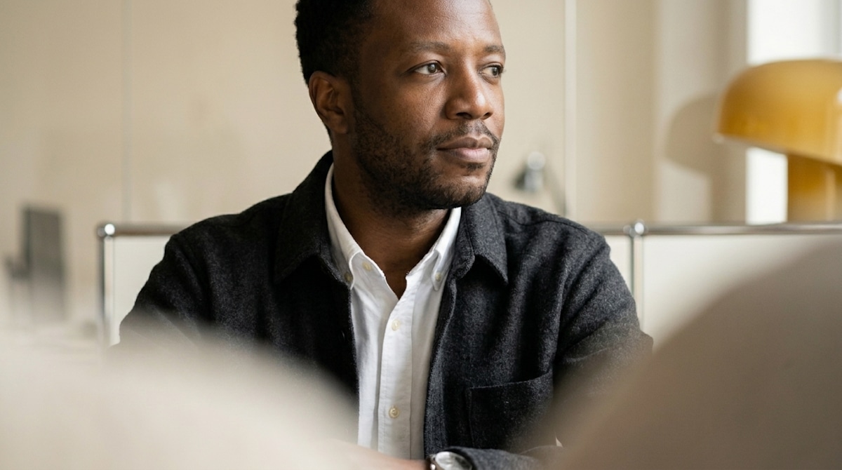 A man in a dark overshirt sitting at a desk beside a window