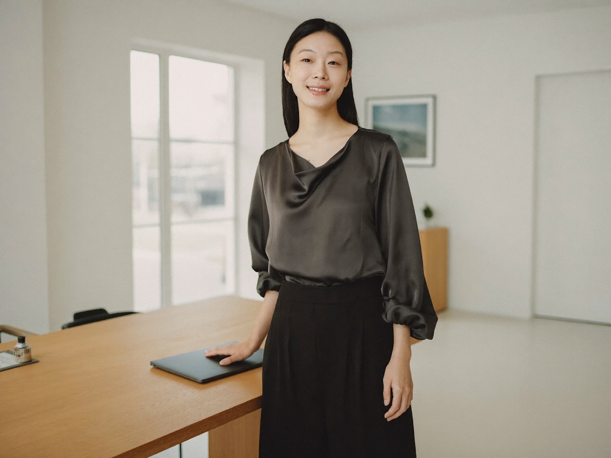 A woman in a dark blouse standing beside a conference table with a laptop