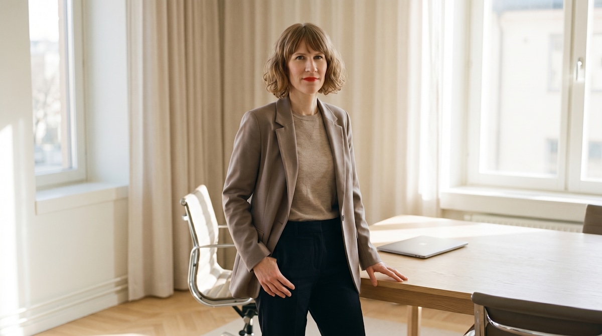 A woman in a grey blazer standing beside a wooden conference table