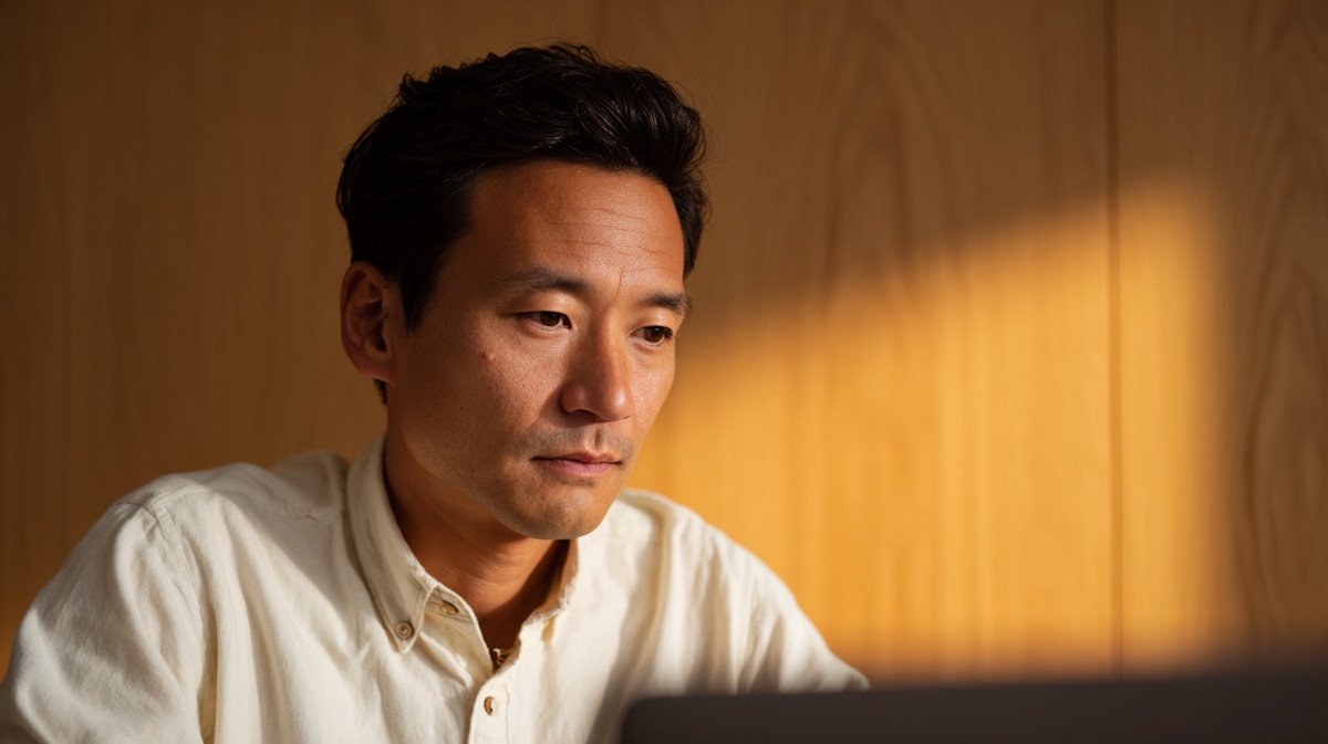 A man in a cream shirt working on a laptop in a warmly lit room